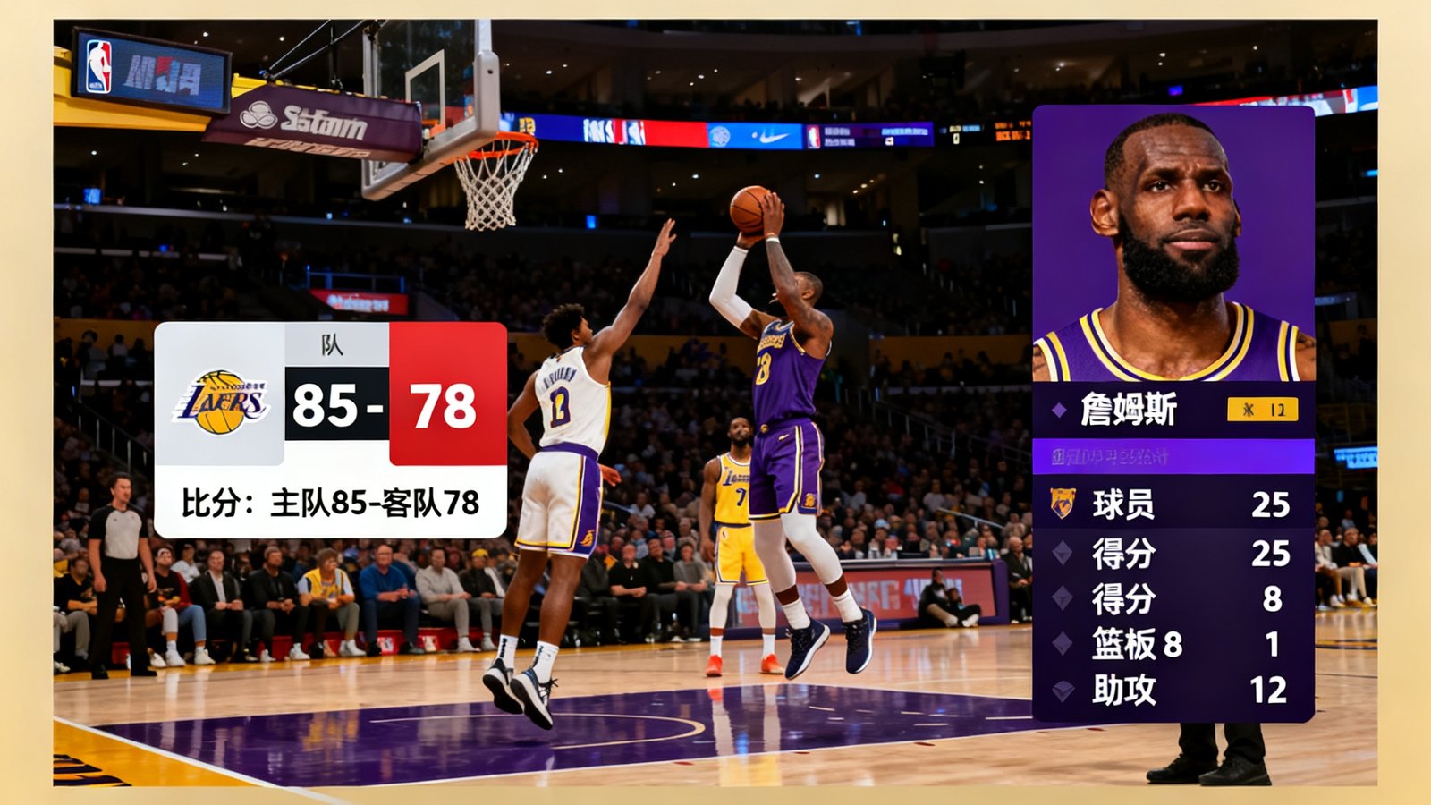 NBA赛季高清直播，比分弹窗与球员数据面板同时显示